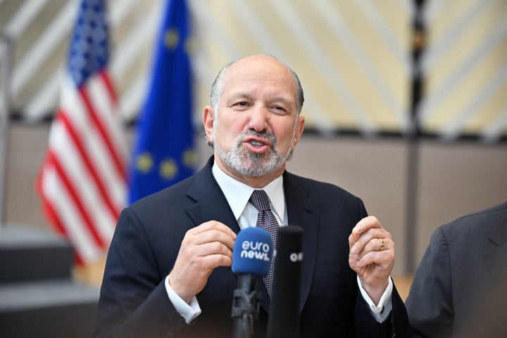Trade Secretary Howard Lutnick speaks at a news conference following a meeting with the EU Council of Trade Ministers in Brussels on November 24, 2025.