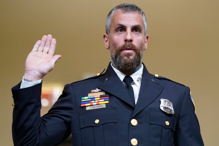Fanone, seen here in 2021 being sworn in to testify on on the Jan. 6, 2021 attack.