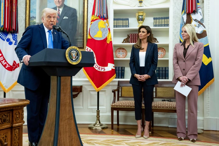 President Donald Trump speaks before Attorney General Pam Bondi, right, swears in Alina Habba as interim U.S. Attorney General for New Jersey, in the Oval Office of the White House in Washington, Friday, March 28, 2025. (Pool via AP)