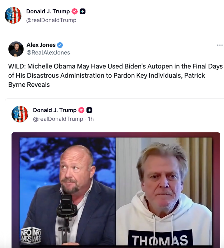 President Donald Trump on Monday promoted a clip of far-right conspiracy theorist Alex Jones, who shared a 