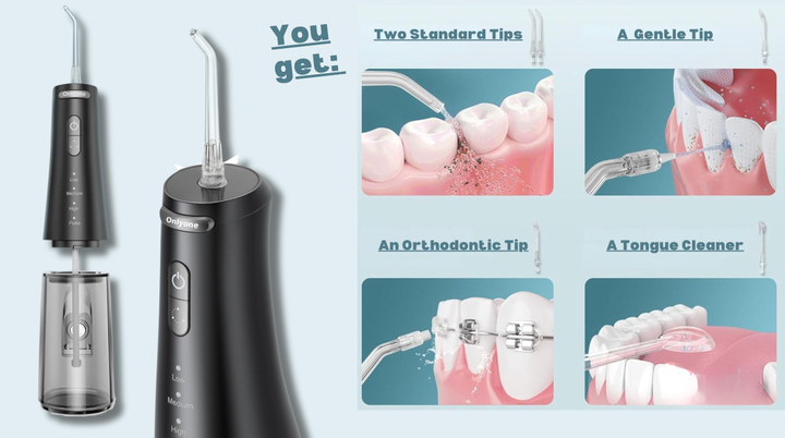 The flosser features a swivel head and an easy-to-remove water tank. 