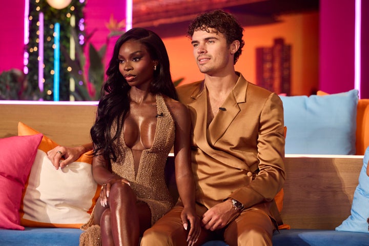 Olandria Carthen and Nicolas "Nic" Vansteenberghe in the reunion special of "Love Island USA" Season 7.