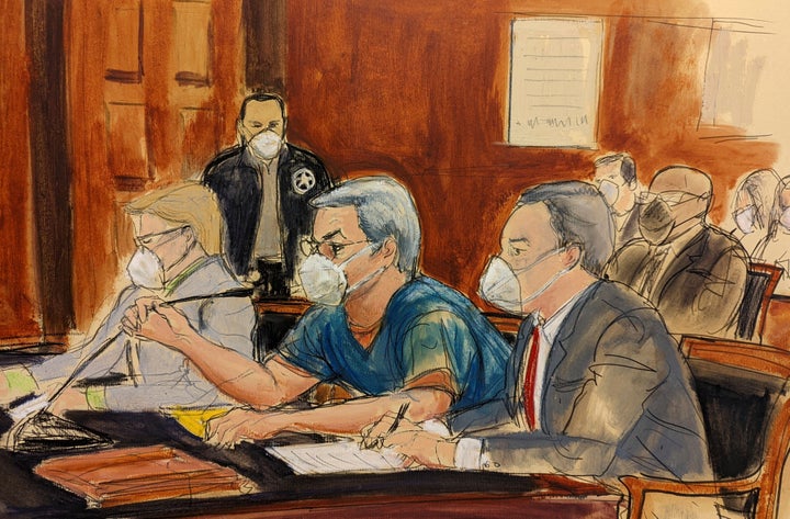 A courtroom sketch from when Juan Orlando Hernández sat trial in 2022.