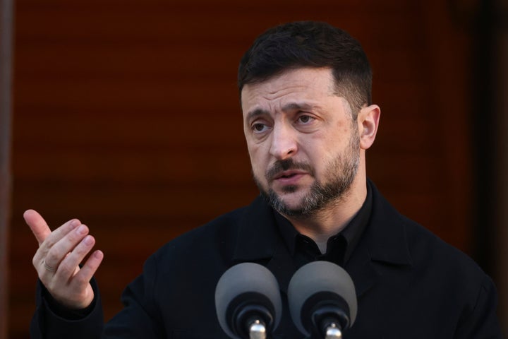 Ukraine President Volodymyr Zelenskyy gestures while speaking as he takes part in a joint news conference with the Irish Taoiseach Micheal Martin in Dublin, Ireland, on Dec. 2, 2025.