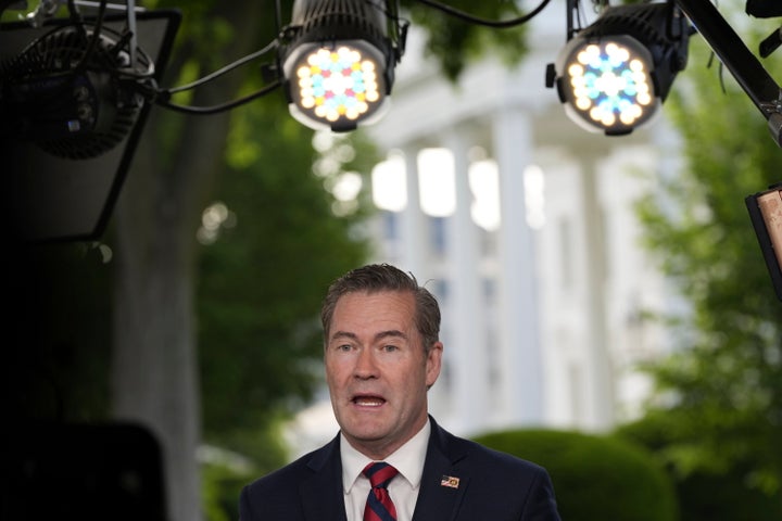 National Security Advisor Mike Waltz speaks during a television interview at the White House, Thursday, May 1, 2025, in Washington. (AP Photo/Alex Brandon)