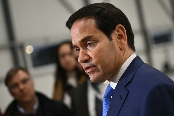 U.S. Secretary of State Marco Rubio speaks to traveling journalists at the John C. Munro Hamilton International Airport in Hamilton, Ontario, Canada, on Nov. 12, 2025 after the G7 foreign ministers meeting.