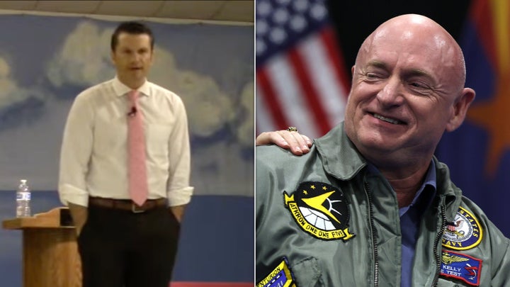 Pete Hegseth in 2016 and Sen. Mark Kelly.