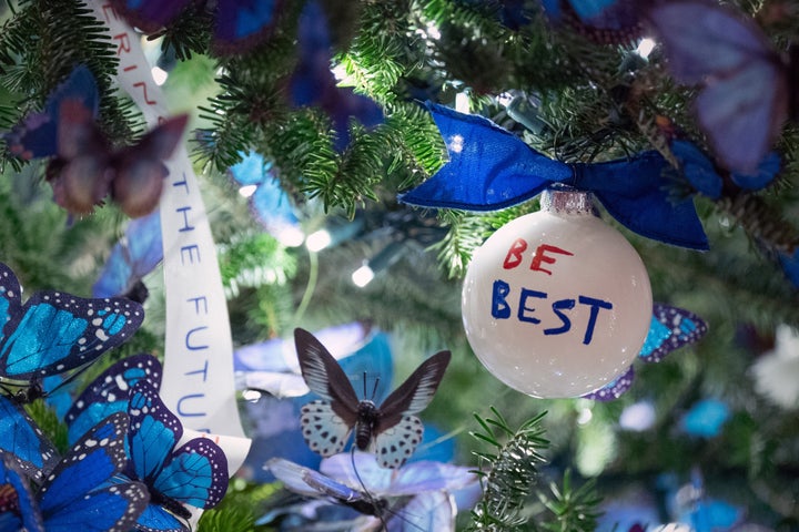 The White House holiday decorations include tree ornaments with first lady Melania Trump's "Be Best" campaign slogan.