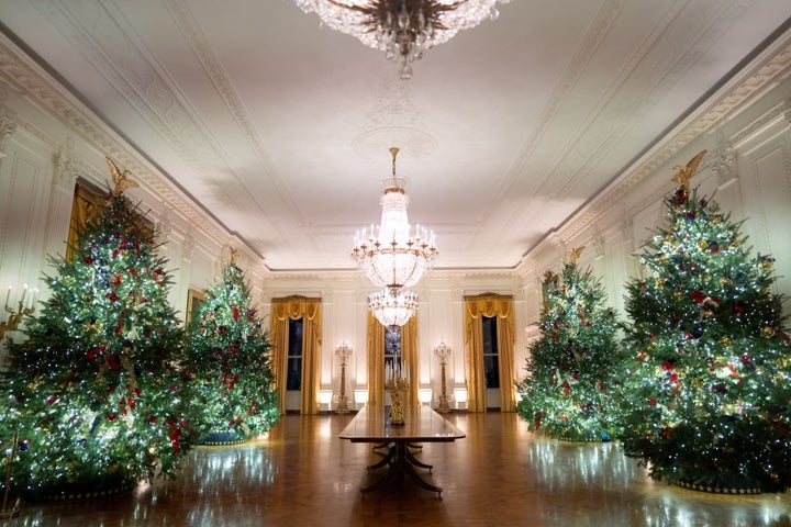 Christmas decorations are seen in the East Room during a press tour on Dec. 1, 2025, at the White House.