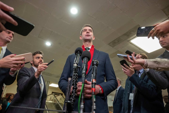 Sen. Tom Cotton, R-Ark., speaks to reporters following a classified briefing for top congressional lawmakers overseeing national security as they investigate how Defense Secretary Pete Hegseth handled a military strike on a suspected drug smuggling boat and its crew in the Caribbean near Venezuela Sept. 2, at the Capitol in Washington, Thursday, Dec. 4, 2025. (AP Photo/Kevin Wolf)