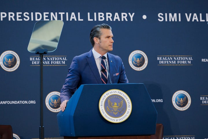  Secretary of War Pete Hegseth gives a speech at the Reagan National Defense Forum on December 6, 2025, at the Ronald Reagan Presidential Library in Simi Valley, California. Hegseth spoke about creating “peace through strength,” and emphasized the need to have a prepared military that would deter aggression from adversaries. (Photo by Caylo Seals/Getty Images)