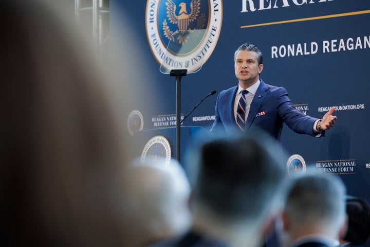 SIMI VALLEY, CALIFORNIA - DECEMBER 6: Secretary of War Pete Hegseth gives a speech at the Reagan National Defense Forum on December 6, 2025, at the Ronald Reagan Presidential Library in Simi Valley, California. Hegseth spoke about creating "peace through strength," and emphasized the need to have a prepared military that would deter aggression from adversaries. (Photo by Caylo Seals/Getty Images)
