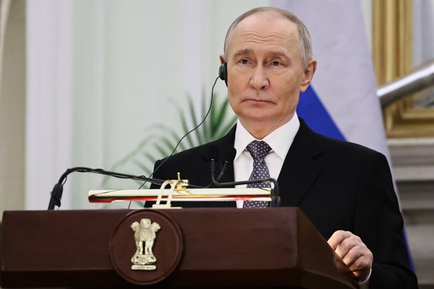 Russian President Vladimir Putin pauses as he and Indian Prime Minister Narendra Modi make a press statement after their talks at the Hyderabad House in New Delhi, India, Friday, Dec. 5, 2025. 