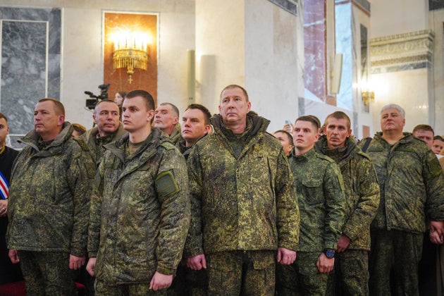Russian troops listen to Russian Orthodox Patriarch Kirill performing the rite of the great consecration of the Church of the Great Martyr George the Victorious at the main military Cathedral of the Southern Military District in Rostov-on-Don on Sunday, Oct. 19, 2025.