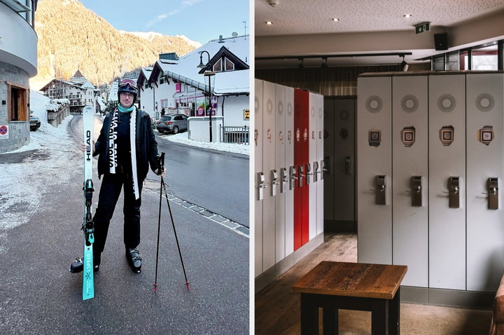 Eu com todo o meu equipamento de esqui e uma foto dos armários do meu hotel onde guardava meus equipamentos.