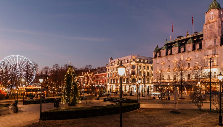 Christmas in the Norwegian capital of Oslo, dusk and clear sky - Christmas tree at night