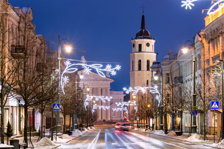 Christmas Time with decorations, Vilnius Cathedral, Vilnius, Lithuania. Photo