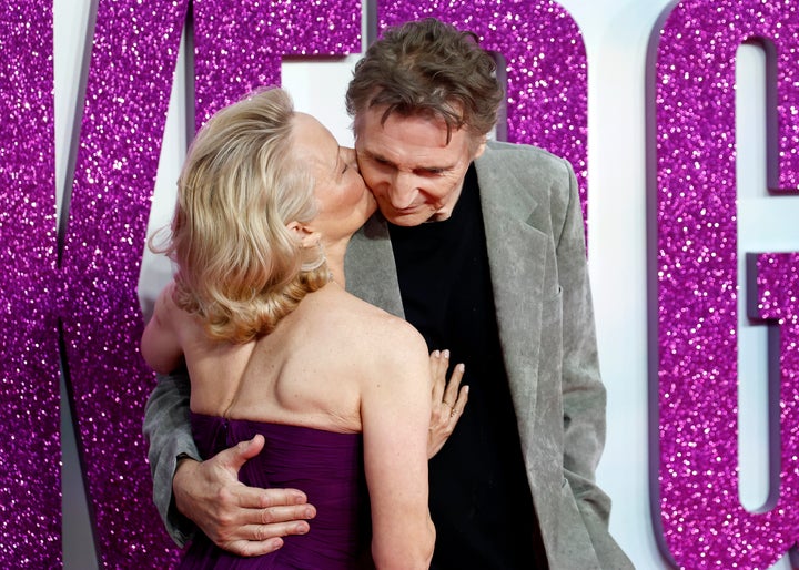 Pamela Anderson, left, and Liam Neeson, right, in London at the UK premiere of “The Naked Gun” in July.