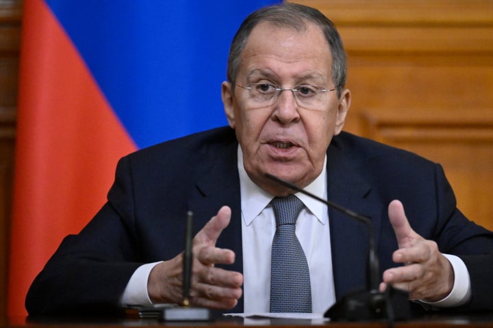 Russian Foreign Minister Sergey Lavrov gestures at a news conference with Belarusian Foreign Minister Maxim Ryzhenkov following a joint meeting of the Boards of the Foreign Ministries of Russia and Belarus at Zinaida Morozova's Mansion in Moscow, Russia, on Nov. 25, 2025.