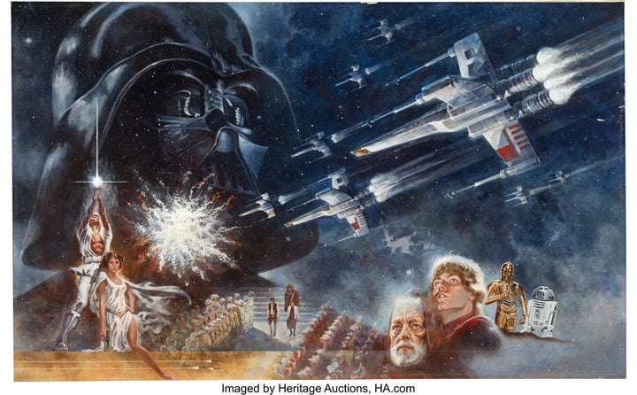The painting that introduced "Star Wars” to the world nearly 50 years ago — and was reproduced in an iconic movie poster — sold at auction on Wednesday for $3.875 million. The acrylic and airbrush painting by the artist and movie poster designer Tom Jung first appeared in newspaper advertisements on May 13, 1977, a little less than two weeks before the space epic created by George Lucas opened. It also adorned billboards, magazine ads and theater programs. (Heritage Auctions via AP)