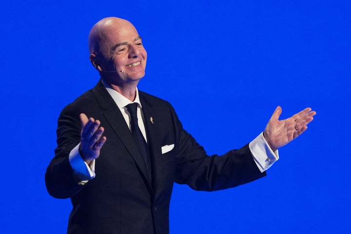 FIFA President Gianni Infantino speaks during the draw for the 2026 soccer World Cup at the Kennedy Center in Washington, Friday, Dec. 5, 2025. (AP Photo/Stephanie Scarbrough, Pool)