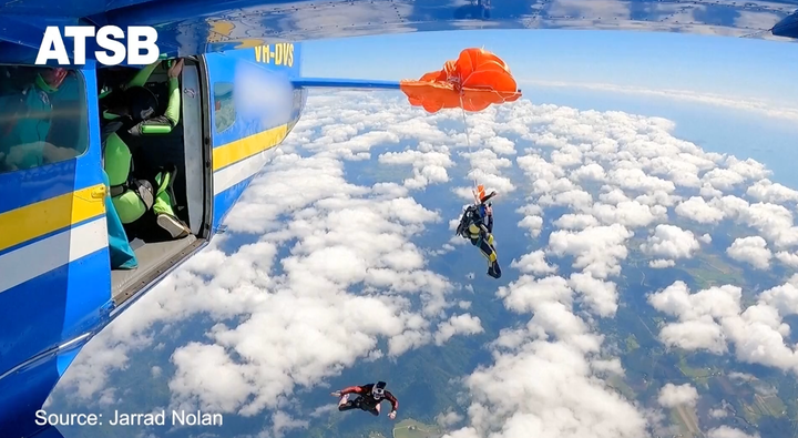 Australian accident investigators on Thursday released dramatic images of a skydiver’s parachute becoming entangled on an airplane’s tail, leaving him dangling at 4,500 meters.