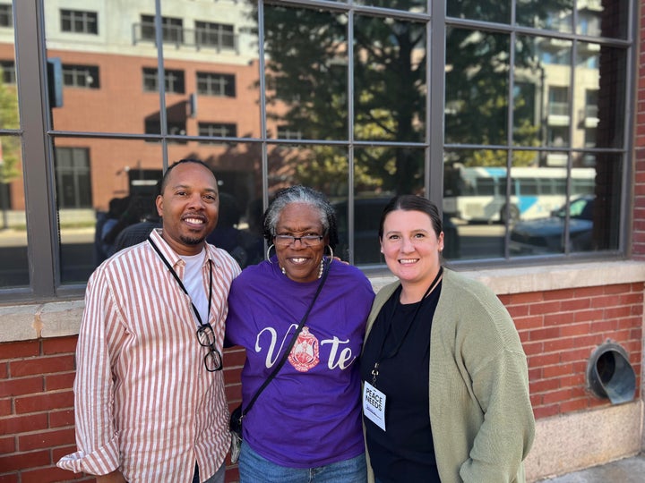 Lamont Williams and Rebecca Postyeni with Julius Jones' mother, Madeline Davis-Jones (center), at the 2024 Peace Needs Conference in Oklahoma City.
