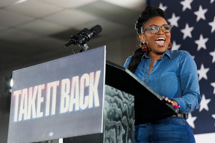 Rep. Jasmine Crockett (D-Texas) speaks during a rally featuring California Governor Gavin Newsom in Houston on Saturday, Nov. 8, 2025.