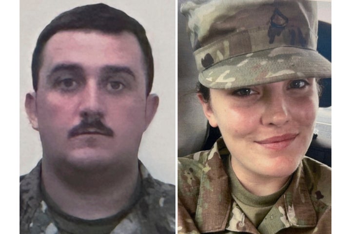 This combo from photos provided by the U.S. Attorney's Office on Thursday, Nov. 27, 2025, show National Guard members, from left, Staff Sgt. Andrew Wolfe and Specialist Sarah Beckstrom. (U.S. Attorney’s Office via AP)