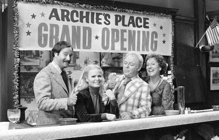 An image dated September 23, 1977, from the "All in the Family" episode "Archie's Grand Opening," featuring (from left) Rob Reiner as Michael Stivic, Sally Struthers as Gloria Bunker-Stivic, Carroll O'Connor as Archie Bunker and Jean Stapleton as Edith Bunker.