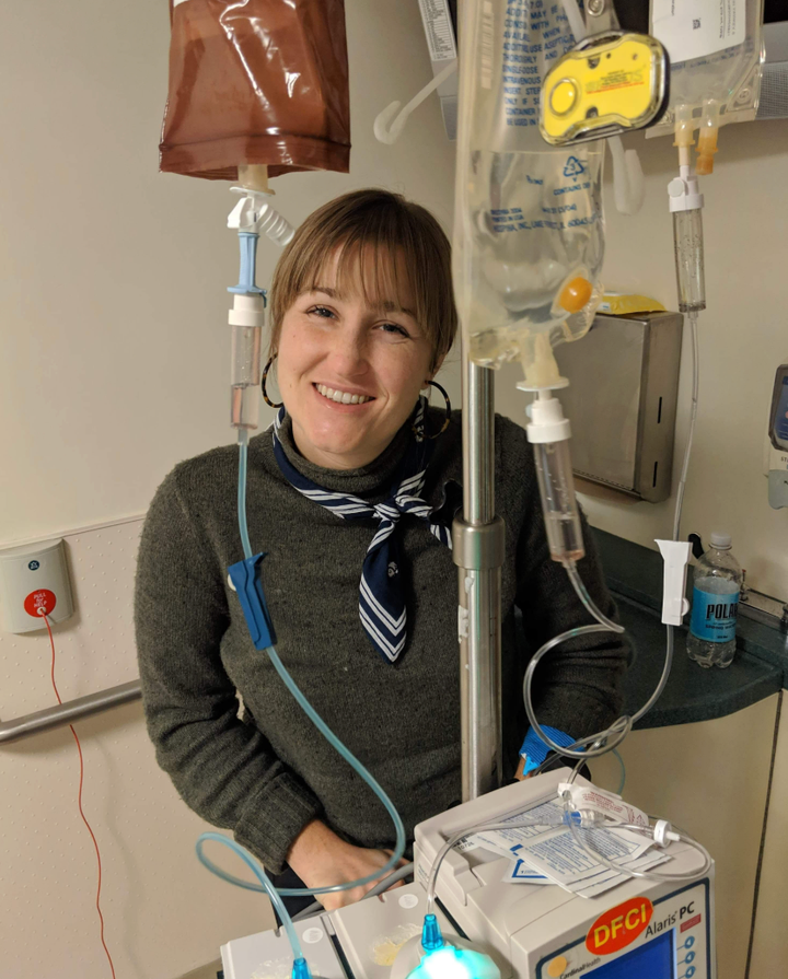 The author at the halfway point of her cancer treatment at Dana Farber Cancer Center in Boston, Massachusetts.