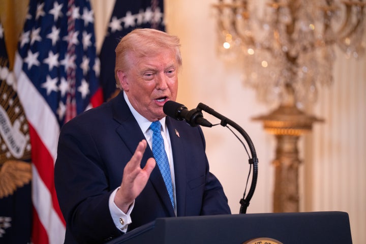 President Donald Trump speaks at a Hanukkah reception on Dec. 16, 2025 at the White House in Washington, D.C.