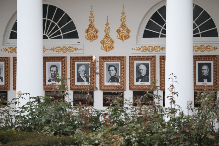 j 2 Newly installed plaques summarizing the Trump White House-interpreted legacies of former U.S. presidents Abraham Lincoln, James Buchanan, Franklin Pierce and Millard Fillmore are displayed along the colonnade, or “Presidential Walk of Fame,” on December 17, 2025 in Washington, DC.