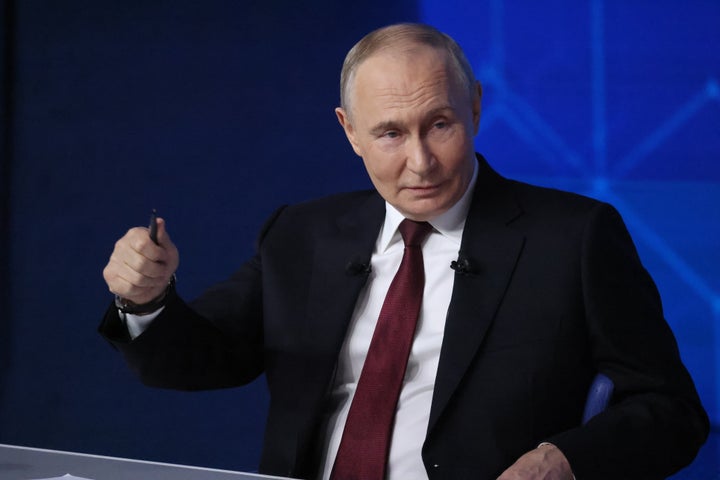 Russian President Vladimir Putin speaks during his annual joint call-in-show and press conference, on Dec. 19, 2025 in Moscow, Russia.