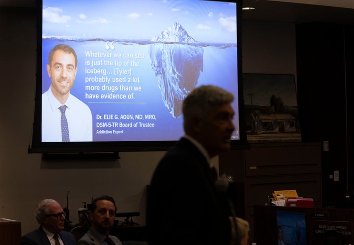 A slide is displayed as Los Angeles Angels attorney Todd Theodora gives his closing arguments in the wrongful death lawsuit by the family of pitcher Tyler Skaggs against the Angels in Orange County Superior Court in Santa Ana, CA on Monday, December 15, 2025. (Pool photo by Paul Bersebach/MediaNews Group/Orange County Register via Getty Images)