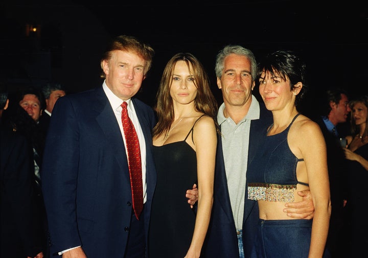 Donald Trump and his girlfriend (and future wife), former model Melania Knauss, financier (and future convicted sex offender) Jeffrey Epstein, and British socialite Ghislaine Maxwell pose together at the Mar-a-Lago club, Palm Beach, Florida, February 12, 2000. (Photo by Davidoff Studios/Getty Images)
