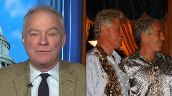 Sen. Tim Kaine (D-Va.), left, and former President Bill Clinton and the late, convicted sex offender Jeffrey Epstein on right.