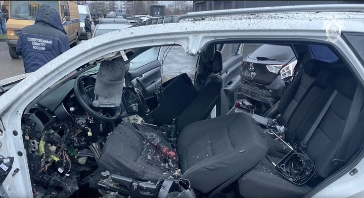 A screen grab from a video shows a destroyed car following an explosion in southern Moscow, Russia, on Dec. 22, 2025. Lieutenant General Fanil Sarvarov, Head of the Operational Training Directorate of the General Staff of the Armed Forces of the Russian Federation, lost his life in the explosion.