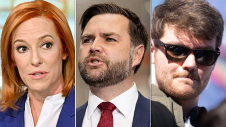 JD Vance (center) appears to have equal contempt for MS NOW's Jen Psaki and bigot Nick Fuentes.