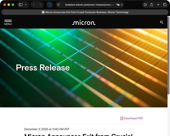 マイクロンのサイトより。同社は2025年12月3日に、一般消費向けの「クルーシャル」ブランドから撤退すると発表しました。