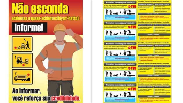 ポルトガル語でのポスターなども活用している。左は「事故隠蔽防止」、右は「熱中症応急手当て」の内容。