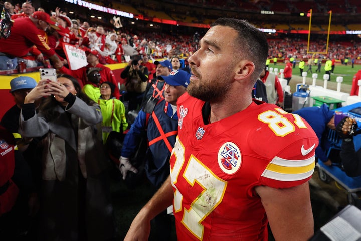 Travis Kelce #87 of the Kansas City Chiefs leaves the field following the 20-13 loss against the Denver Broncos at Arrowhead Stadium on Dec. 25, 2025 in Kansas City, Missouri.