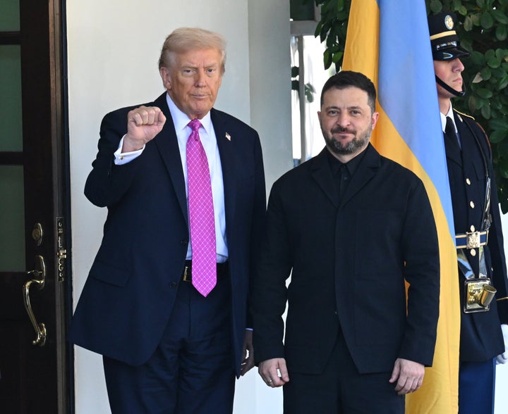 President Donald Trump greets Ukrainian President Volodymyr Zelensky at the White House on October 17, 2025 in Washington, DC. (Photo by Chen Mengtong/China News Service/VCG via Getty Images)