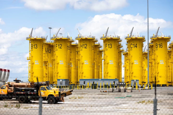Monopiles for Dominion Energy's offshore wind turbine project sit at the Portsmouth Marine Terminal on Sept. 2, 2025. (Kendall Warner/The Virginian-Pilot/Tribune News Service via Getty Images)