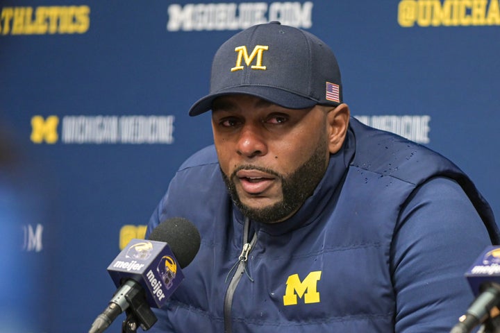 Sherrone Moore speaks to media on November 29, 2025 in Ann Arbor, Michigan.
