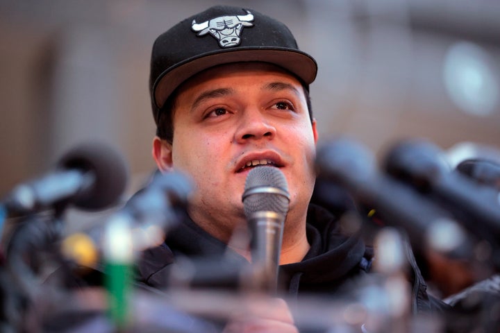 Kilmar Abrego Garcia speaks to supporters as he arrives for his first check-in at the U.S. Immigration and Customs Enforcement Baltimore Field Office the day after a federal judge ordered his release from a detention in Pennsylvania, on December 12, 2025 in Baltimore, Maryland. (Photo by Chip Somodevilla/Getty Images)