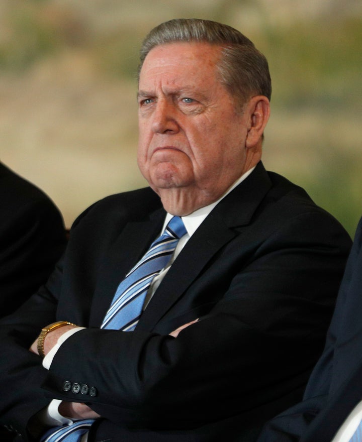 SALT LAKE CITY, UT - JANUARY 16: Jeffrey R. Holland, a member of the Quorum of the Twelve Apostles, listens to President Russell M. Nelson of the Church of Jesus Christ of Latter -Day Saints answer questions at a press conference after Nelson was announced as the 17th president of the Mormon Church on January 16, 2017 in Salt Lake City, Utah. (Photo by George Frey/Getty Images)