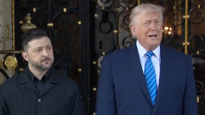 Ukrainian President Volodymyr Zelenskyy and President Trump speaking with reporters outside of his Mar-a-Lago resort on Dec. 28, 2025.