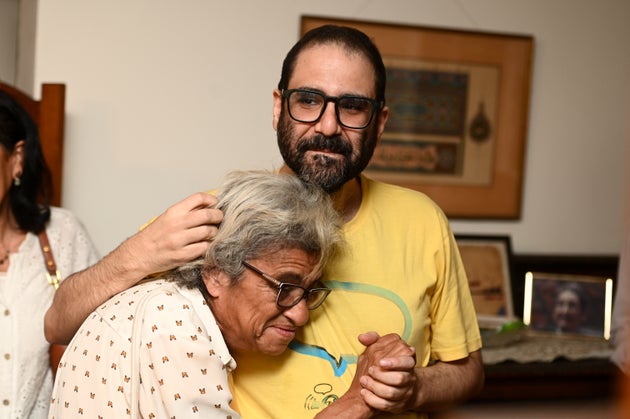 The British-Egyptian activist and blogger Alaa Abd El-Fattah and his mother, Laila Soueif, are at his home after his release on September 23, 2025 in Cairo, Egypt.