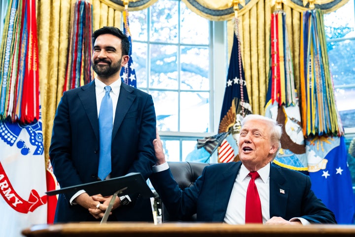 President Donald Trump, right, and Mayor-elect of New York City Zohran Mamdani, left, smiling during a meeting in the Oval Office of the White House on Friday, Nov. 21, 2025.